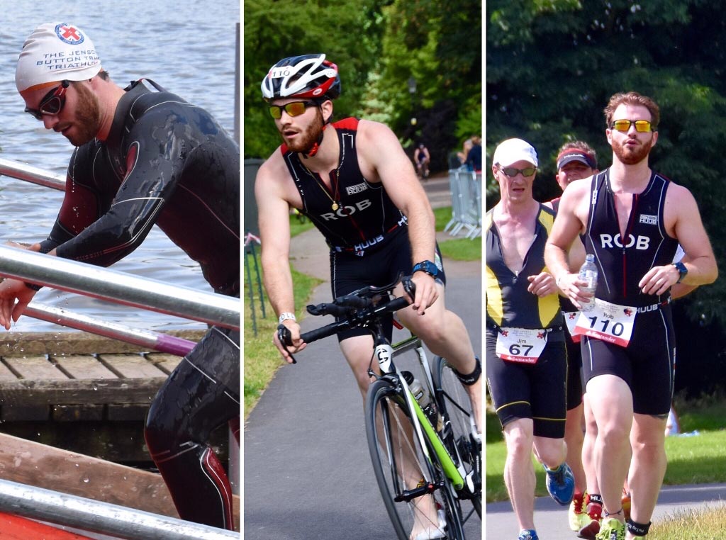 Three photos of my swim, bike, and run at Jenson Button Trust Triathlon