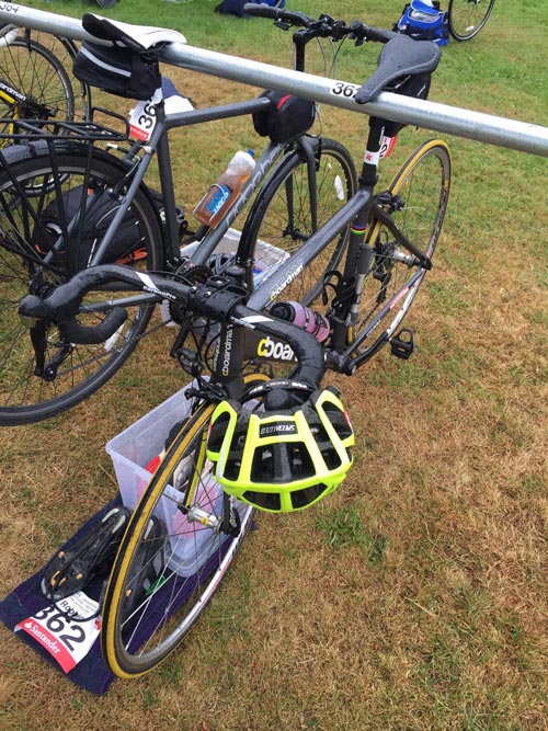 A photo of my bike, hanging on the rack